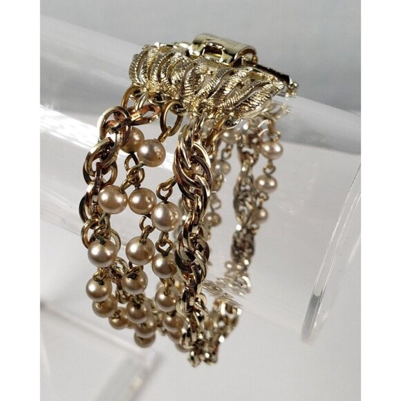 Vintage 1990's Signed Star 5 Strand Gray Pearl Beads Chains 6 1/2 Bracelet - Picture 8 of 15